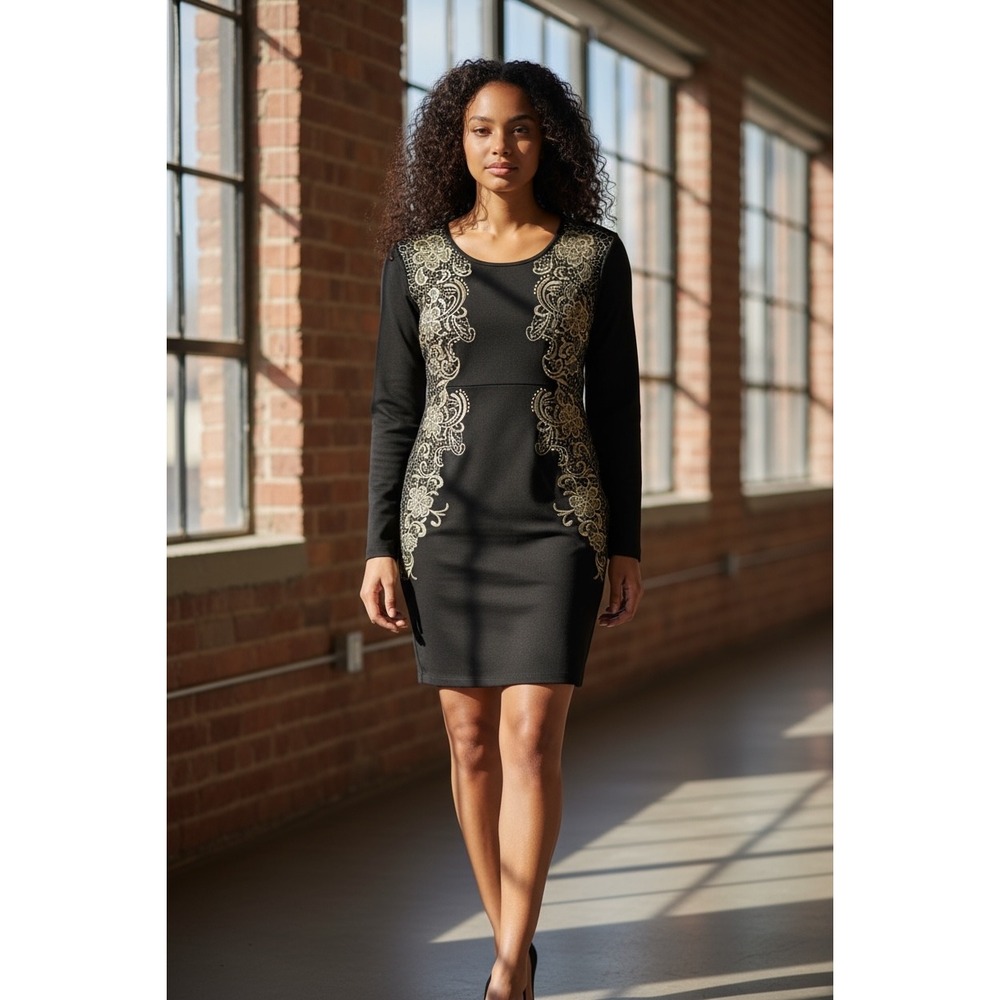 Gianni Bini Black Dress Gold Floral Lace Long‎ Sleeve Bodycon Dress size 8